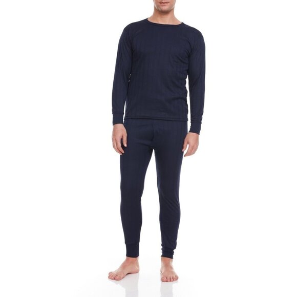 Men Thermal Underwear Navy Blue Cotton Fleece Lined Long Johns Winter Base Layer - Picture 1 of 6